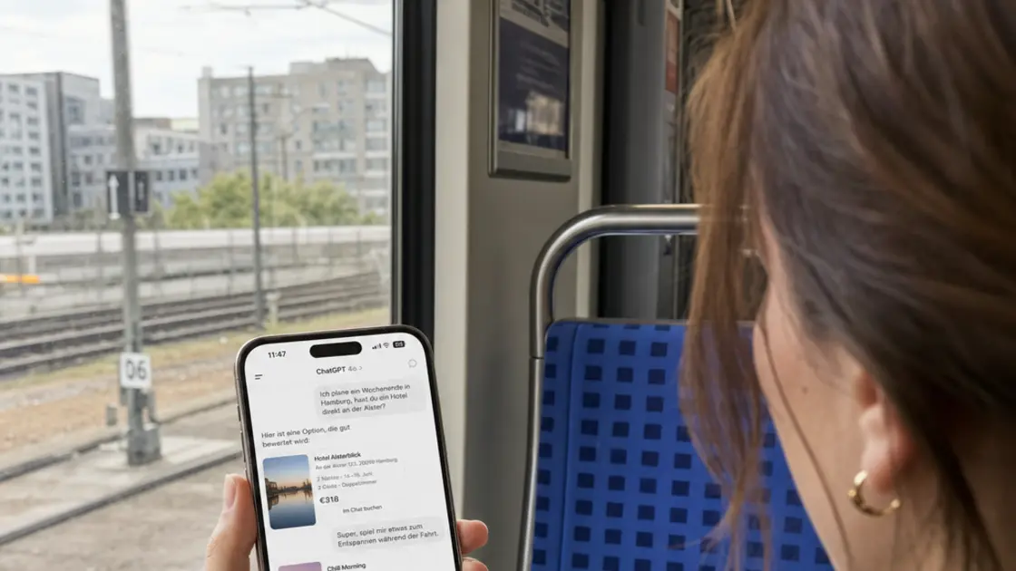 ChatGPT Apps, integrierte Services, Mobile Consumer – Person nutzt integrierte Services direkt im ChatGPT Apps SDK auf dem Smartphone im Zug