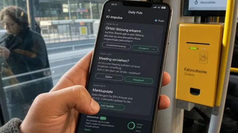Daily Puls, Push Notifications, Proaktive KI – Frau schaut morgens auf Smartphone mit ChatGPT Daily Puls Push Notifications