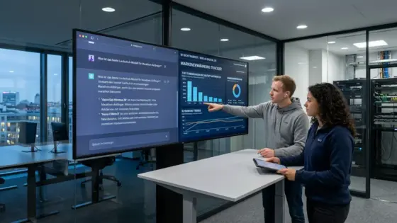 ChatGPT SEO, Markenerwähnung, KI-Sichtbarkeit – Marketingteam analysiert ChatGPT SEO und Markenerwähnung auf einem Bildschirm