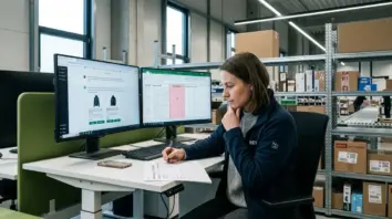 ChatGPT Shopping, KI-Produktsuche – Händler optimiert Produktdaten für ChatGPT Shopping Research an einem Arbeitsplatz im Lager