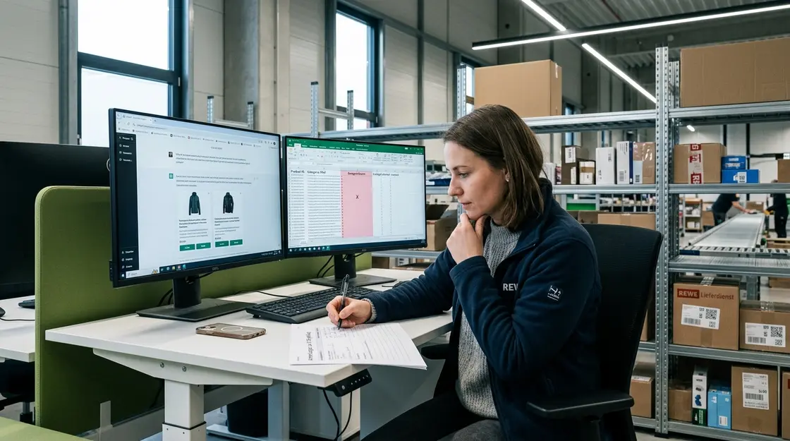 ChatGPT Shopping, KI-Produktsuche – Händler optimiert Produktdaten für ChatGPT Shopping Research an einem Arbeitsplatz im Lager