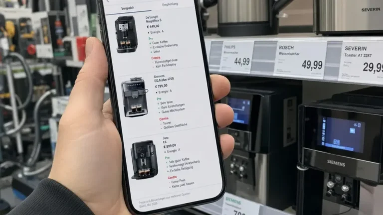 ChatGPT Shopping, KI-Produktsuche, Preisvergleich-Disruption – Person vergleicht Produkte per ChatGPT Shopping Research auf dem Smartphone im Elektronikladen