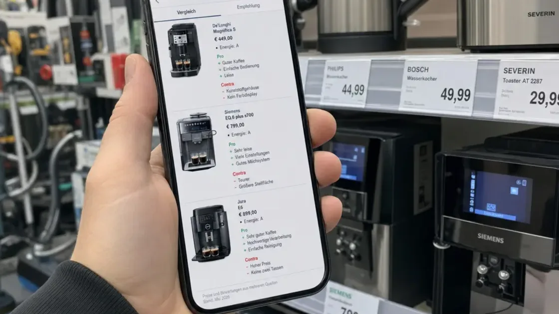 ChatGPT Shopping, KI-Produktsuche, Preisvergleich-Disruption – Person vergleicht Produkte per ChatGPT Shopping Research auf dem Smartphone im Elektronikladen