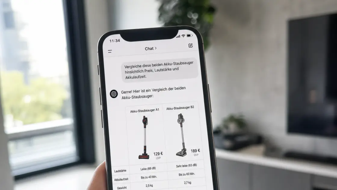 Nahaufnahme eines Smartphones mit ChatGPT Integration für Produktvergleiche beim Einkaufen