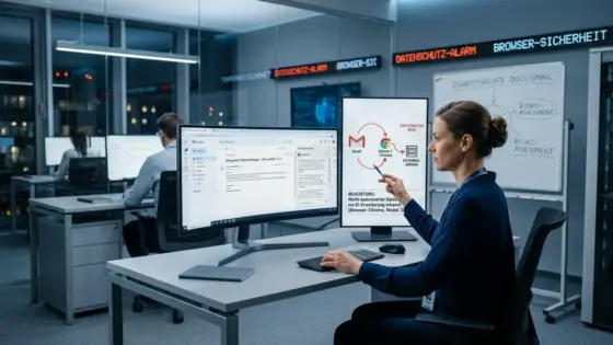 Browser-Sicherheit, KI-Extension, Datenschutz – Chrome-Erweiterungsseite mit Warnhinweis symbolisiert Browser-Sicherheit bei KI-Extension