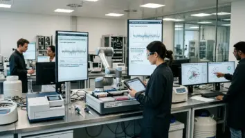 Claude Science, Anthropic, Pharma-KI – Wissenschaftlerin analysiert Proteinfaltung-Simulation von Claude Science im Labor