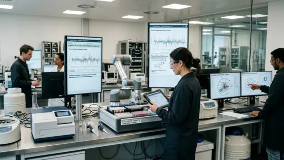 Claude Science, Anthropic, Pharma-KI – Wissenschaftlerin analysiert Proteinfaltung-Simulation von Claude Science im Labor