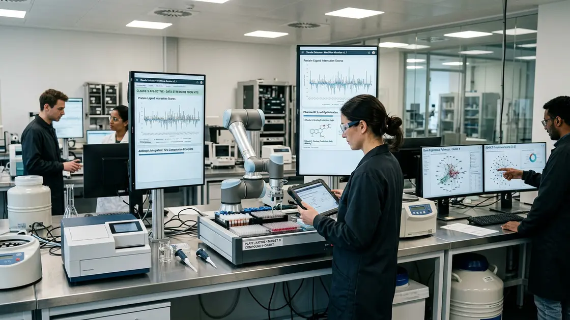 Claude Science, Anthropic, Pharma-KI – Wissenschaftlerin analysiert Proteinfaltung-Simulation von Claude Science im Labor