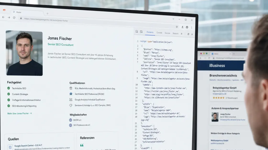 Autorenprofil-Seite mit Quellenangaben und Schema-Markup für Claude SEO Expertise