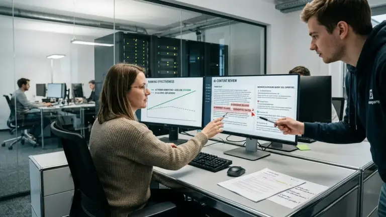 Claude SEO, Expertise, Quellen – Analyst prüft Quellenbelege für Claude SEO an Schreibtisch mit KI-Chat und Studien