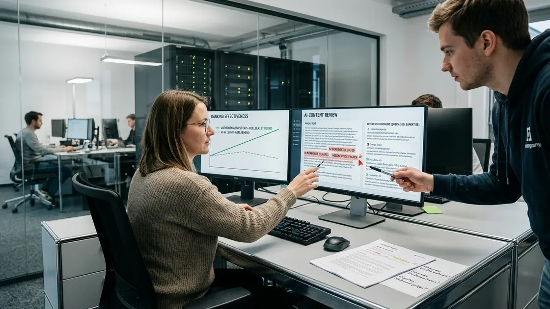 Claude SEO, Expertise, Quellen – Analyst prüft Quellenbelege für Claude SEO an Schreibtisch mit KI-Chat und Studien