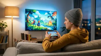 Cloud-Gaming, Xbox, PlayStation – Person streamt Cloud-Gaming auf einem Smart-TV im Wohnzimmer