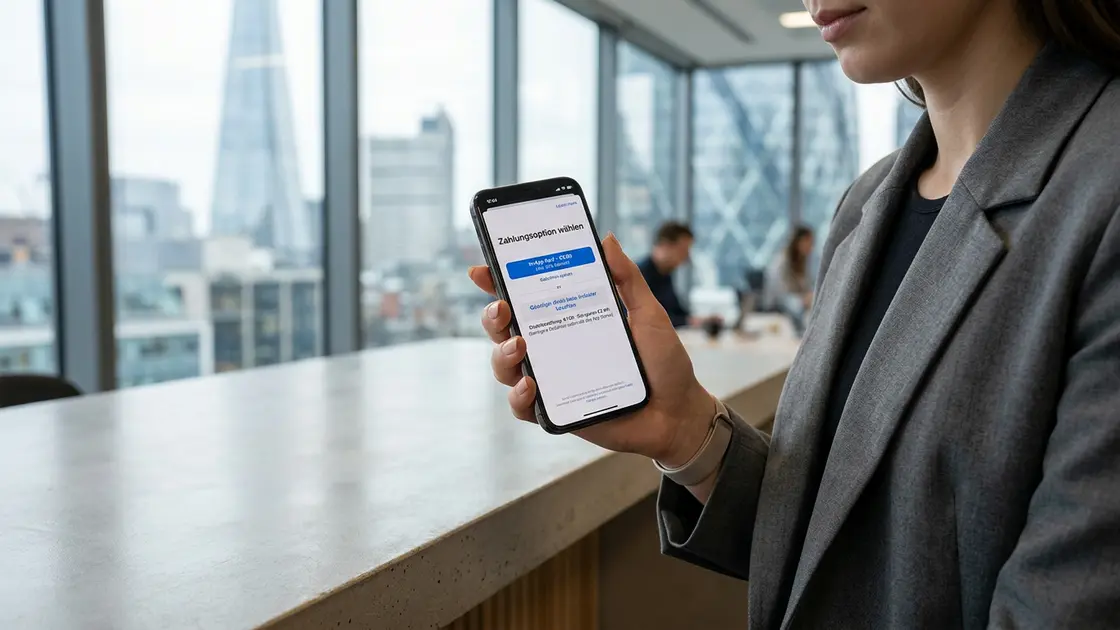 CMA, App-Store-Gebühren, Entwicklerrechte – Smartphone zeigt Zahlungsoptionen nach CMA App-Store-Gebühren Regeln