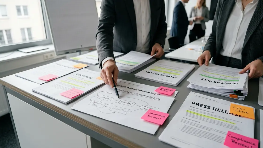 Marketing-Team sortiert Content-Formate für GEO- und SEO-Signale auf einem Tisch