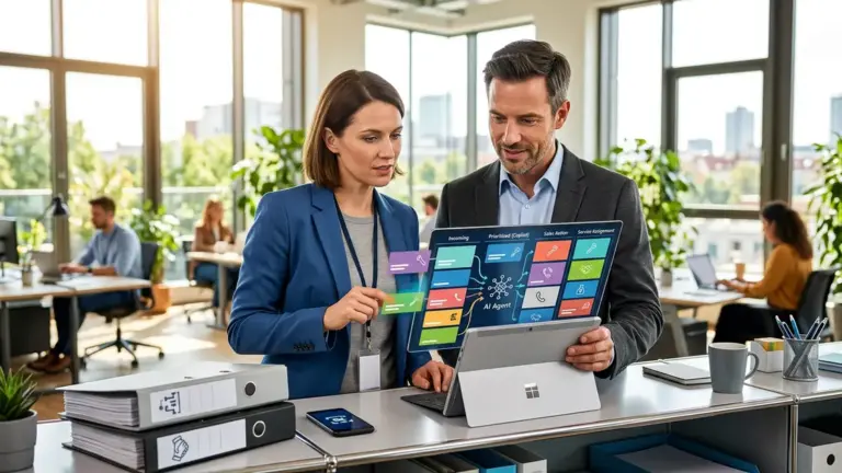 Copilot Agents, Dynamics 365, Business-Automatisierung – Vertriebs- und Serviceteam prüft automatisierte Ticketpriorisierung durch Copilot Agents in Dynamics 365