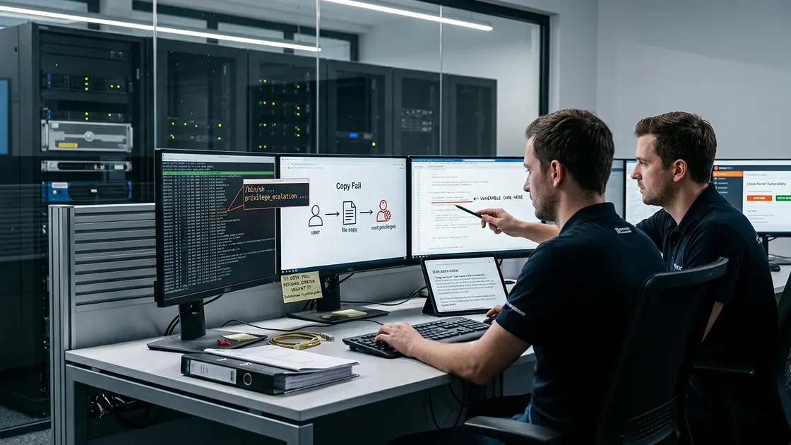 Copy Fail, Linux-Sicherheitslücke, Privilegienerweiterung – Admin prüft Kernel-Patch-Status gegen die Linux-Sicherheitslücke Copy Fail im Serverraum