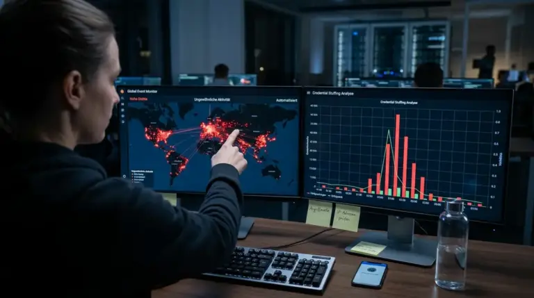 Credential Stuffing, Passwort-Kompromittierung – Security-Analyst überwacht Credential-Stuffing-Angriff auf Login-Dashboard