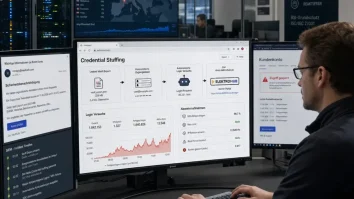 Credential Stuffing, Passwort-Kompromittierung, Brute Force – Sicherheitsanalyst beobachtet Dashboard mit Credential Stuffing Angriffsmustern