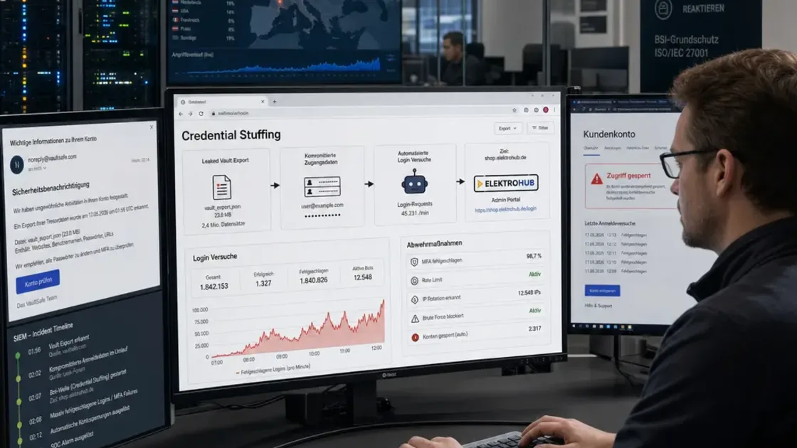 Credential Stuffing, Passwort-Kompromittierung, Brute Force – Sicherheitsanalyst beobachtet Dashboard mit Credential Stuffing Angriffsmustern