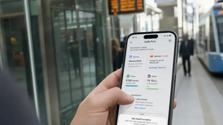 Daily Puls, proaktive KI, Smartphone Assistant – Person schaut morgens auf Smartphone mit Daily Puls Benachrichtigungen der proaktiven KI