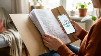Datenexport, Datenarchiv, Datenschutz – Person hält Ordner mit exportierten Daten neben Smartphone, Symbolbild Datenexport