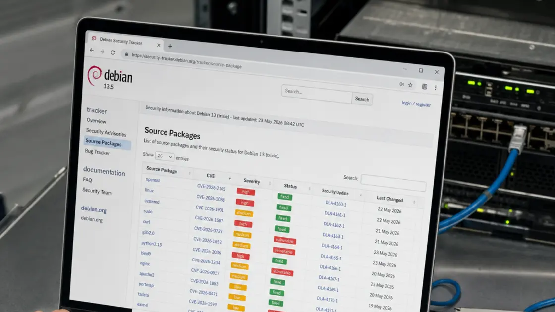 Admin prüft CVE-Liste im Debian Security Tracker nach dem Update auf Debian 13.5