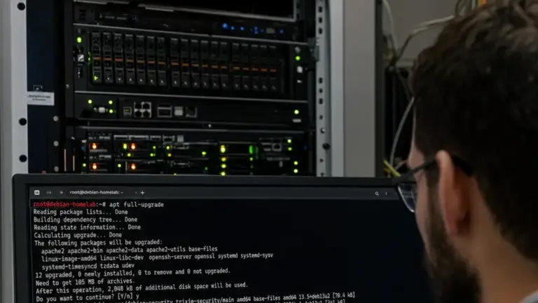 Debian 13.5, Sicherheitslücken, Systemadministration – Terminal-Fenster zeigt apt full-upgrade während des Debian 13.5 Sicherheitsupdates auf einem Serverrack