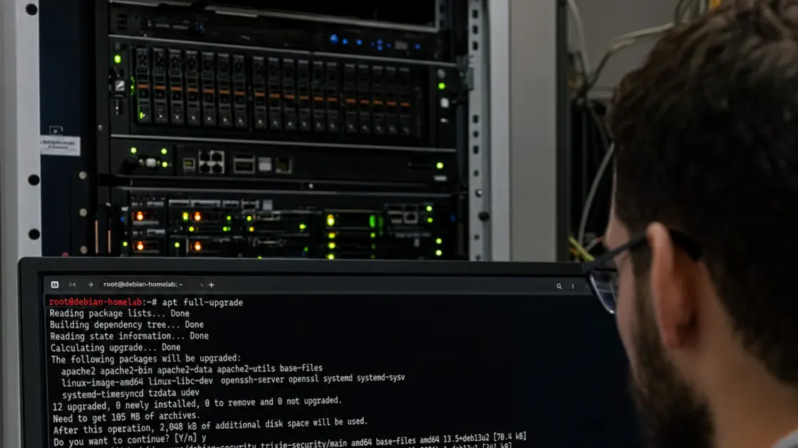 Debian 13.5, Sicherheitslücken, Systemadministration – Terminal-Fenster zeigt apt full-upgrade während des Debian 13.5 Sicherheitsupdates auf einem Serverrack