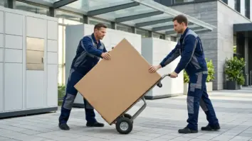 DHL Pakete Logistik: Zwei Zustellende transportieren gemeinsam einen schweren neutralen Karton