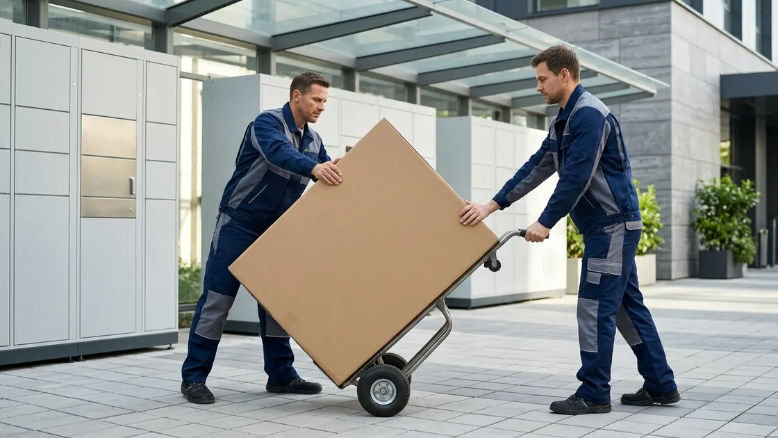 DHL Pakete Logistik: Zwei Zustellende transportieren gemeinsam einen schweren neutralen Karton