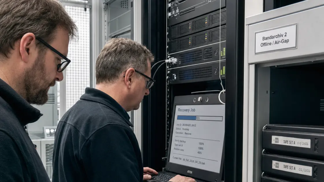 Zwei IT-Experten testen Disaster Recovery Wiederherstellung mit Offline-Backup-Tapes