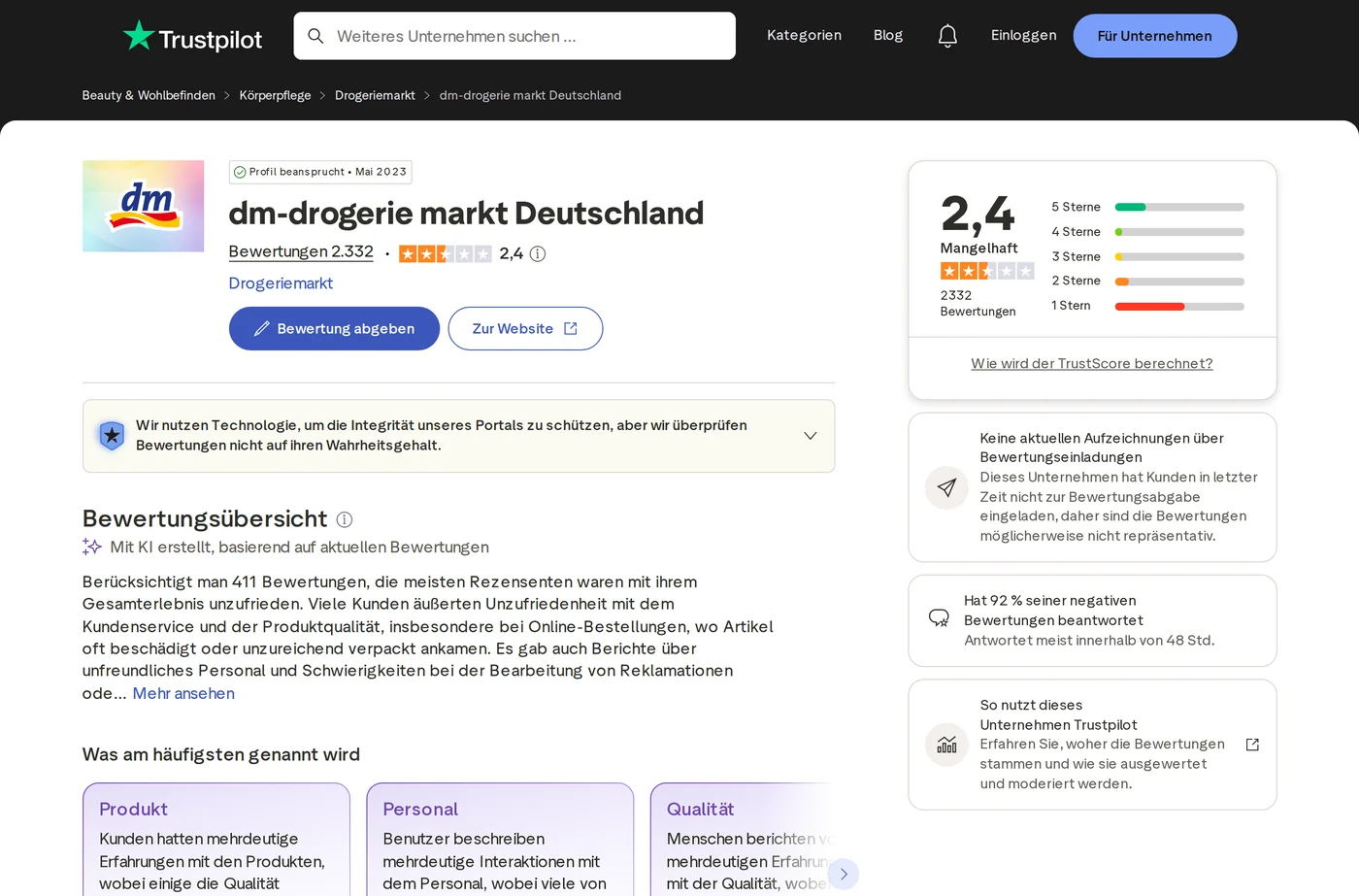 dm Drogerie Bewertungen Trustpilot Screenshot