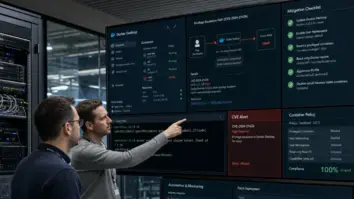 Docker Desktop, Container-Sicherheit, CVE – Admin prüft Docker Desktop CVE Sicherheitswarnung im Terminal vor Serverrack