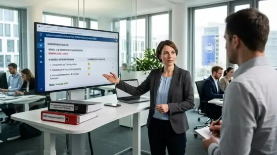EDPB KI-Standards, Datenschutz KI-Architektur – Compliance-Expertin prüft EDPB KI-Standards auf Monitor mit DSGVO-Audit-Checkliste
