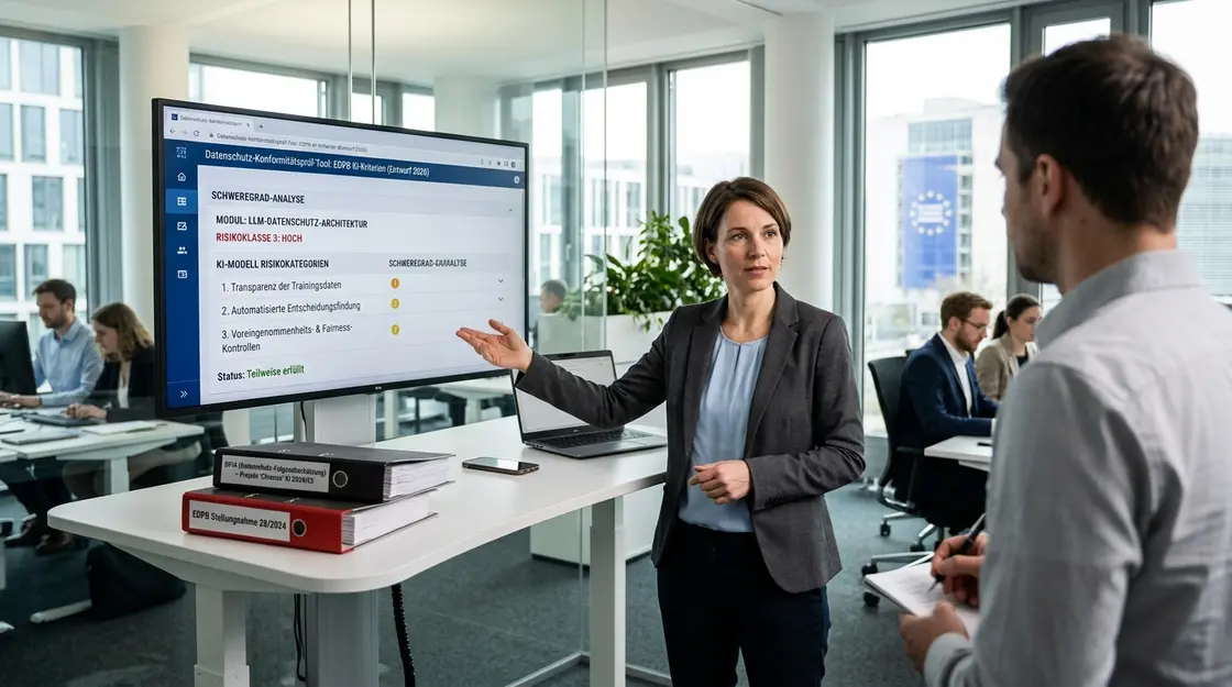 EDPB KI-Standards, Datenschutz KI-Architektur – Compliance-Expertin prüft EDPB KI-Standards auf Monitor mit DSGVO-Audit-Checkliste
