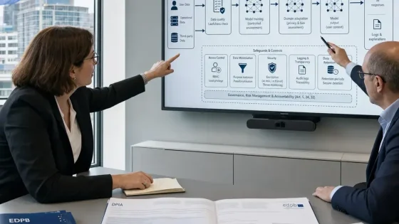 EDPB KI-Standards, Datenschutz KI-Architektur, Sicherheitsanforderungen – Fachleute pruefen EDPB KI-Standards anhand eines Datenfluss-Diagramms im Compliance-Workshop