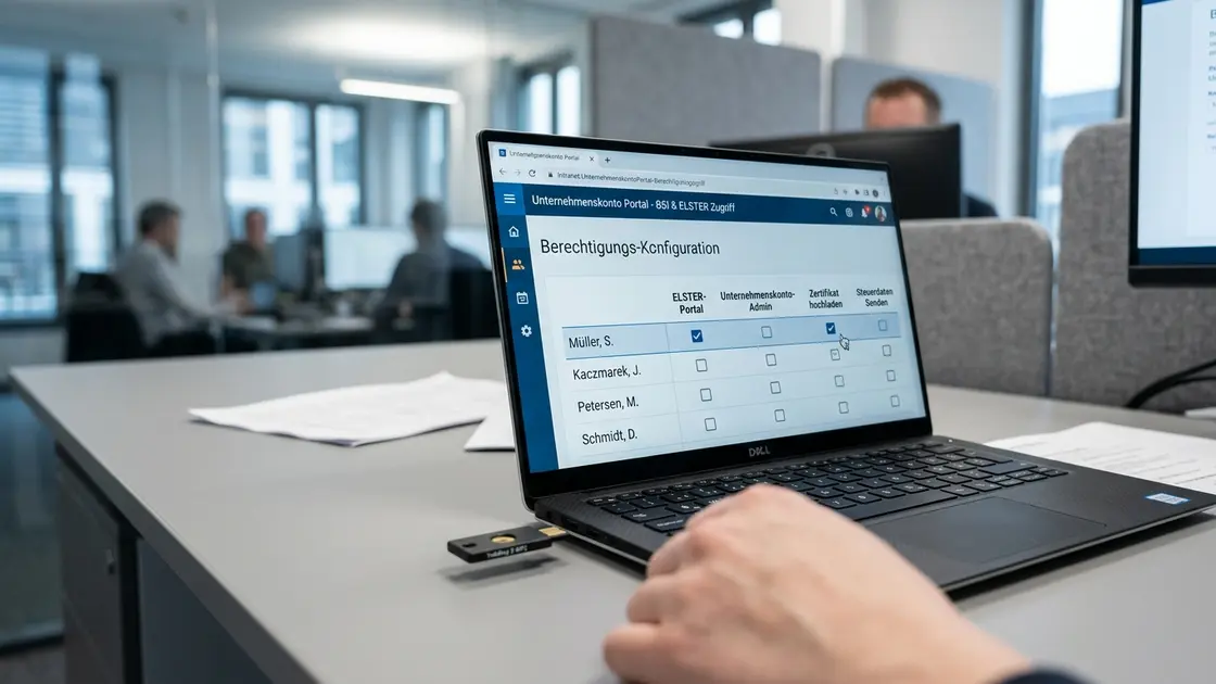 Detailaufnahme der ELSTER-Zugriffskontrolle mit Zertifikat und Rechtematrix