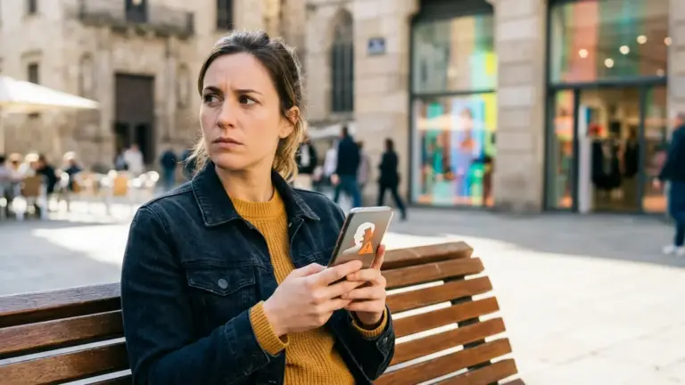 Deepfake-Verbot, KI-Missbrauch, EU-Datenschutz – Frau prüft besorgt eine Warnmeldung auf dem Smartphone wegen Deepfake-Verbot