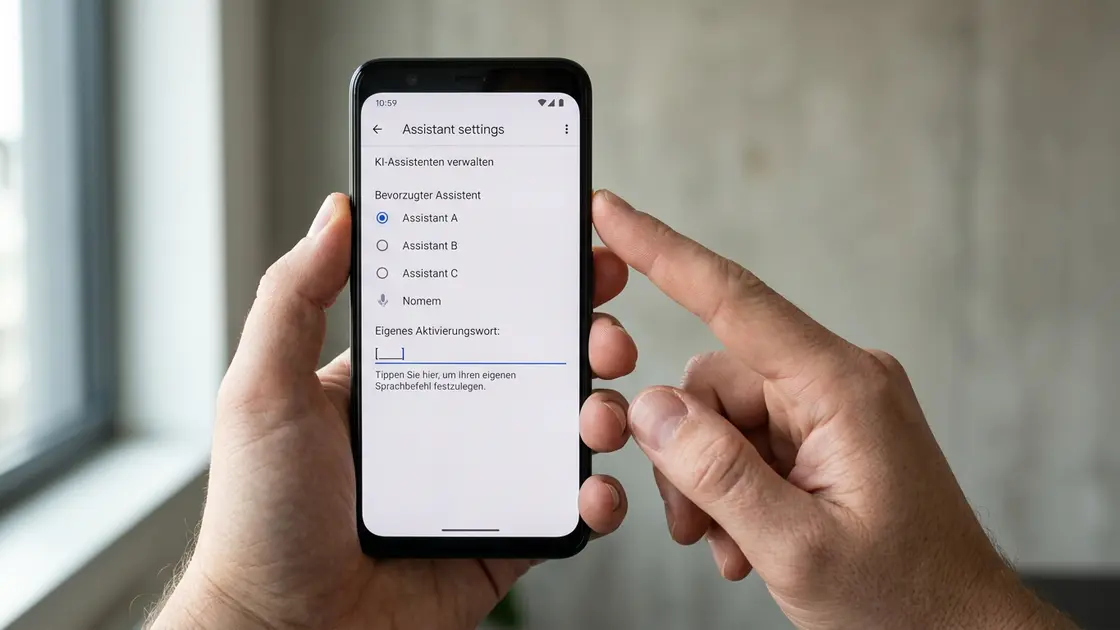 Nahaufnahme eines Smartphones mit Einstellungen für alternative Sprachaktivierung bei KI-Assistenten unter Android