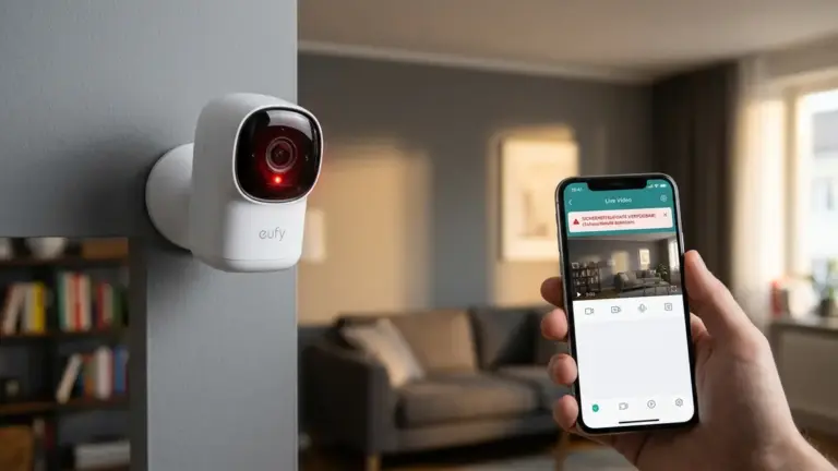 Eufy, Sicherheitskameras, Schwachstelle – Eufy Sicherheitskamera an Wohnzimmerwand mit Smartphone-App im Vordergrund nach Schwachstelle