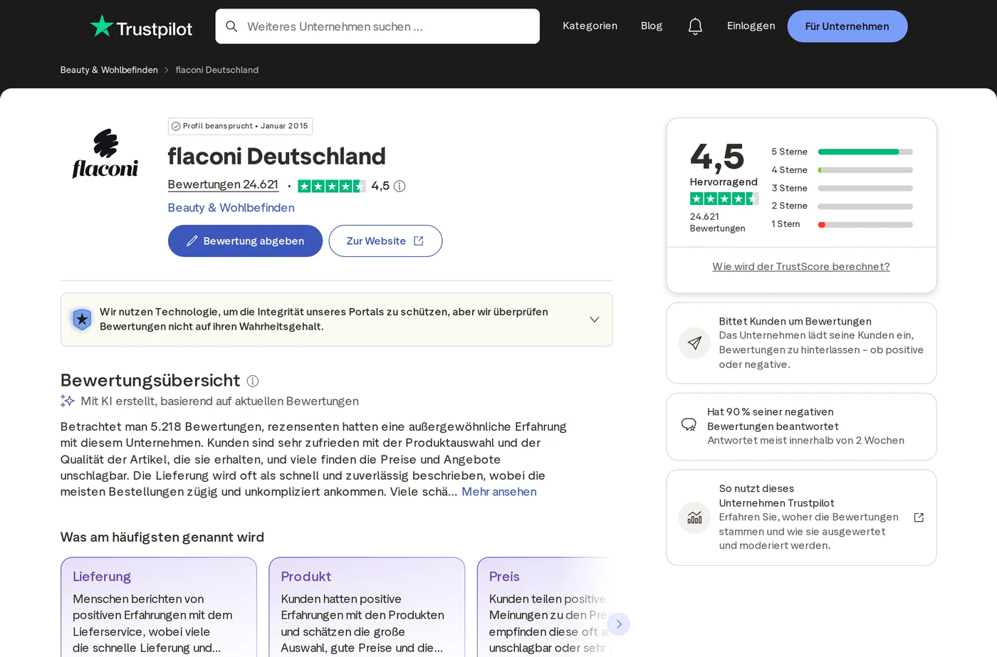 Flaconi Bewertungen Trustpilot Screenshot