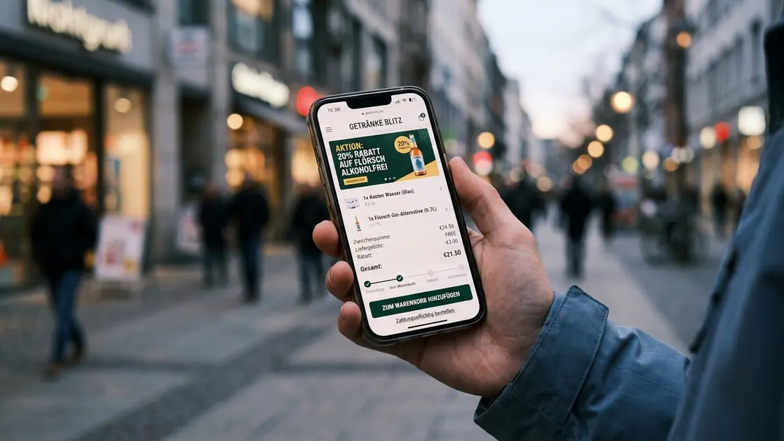 Smartphone zeigt Checkout-Promotion für alkoholfreie Spirituosen in einer Getränke-App