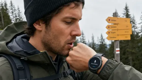 Garmin Smartwatch, On-Device AI, Wearables – Person nutzt Garmin Smartwatch mit Sprachsteuerung im Wald, Smartphone in der Jacke sichtbar