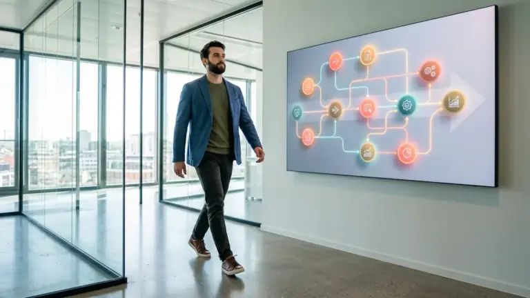 Gartner, Agentic AI, Enterprise-Workflows – Fachkraft geht an einem Bildschirm mit Workflow-Visualisierung vorbei, Symbolbild fuer Gartner Agentic AI Prognose