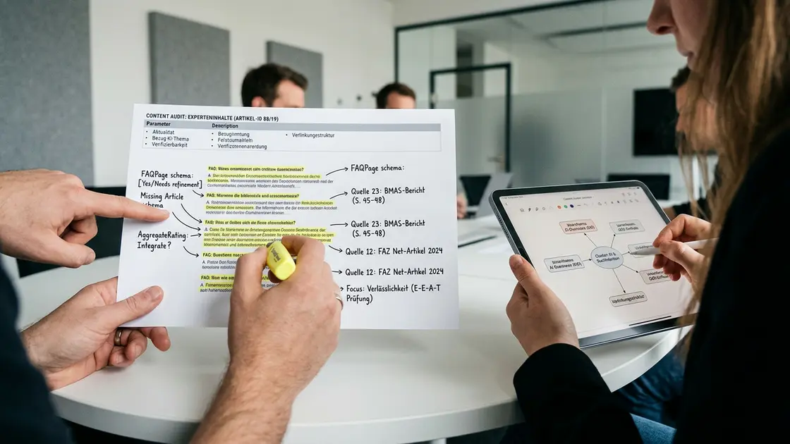 Content-Audit mit FAQ-Markierungen und Schema-Notizen für KI-SEO und GEO