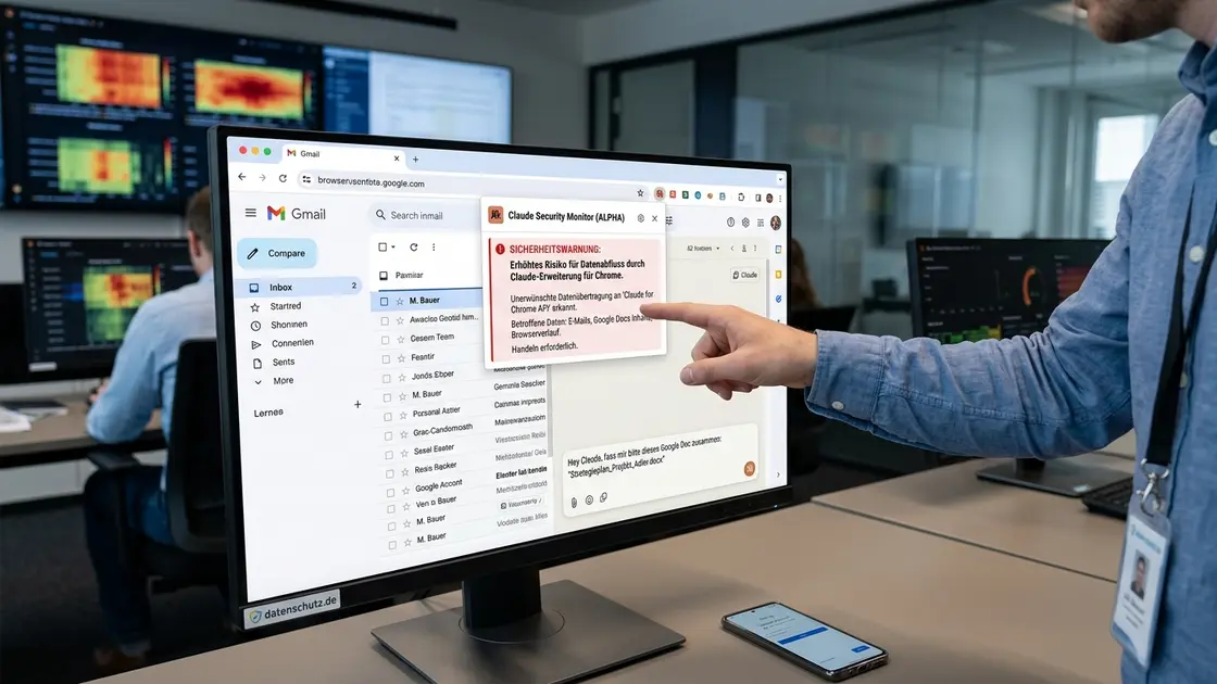 Gmail-Postfach auf Smartphone neben Browser-Berechtigungsdialog symbolisiert Datenschutz-Risiko durch KI-Extension