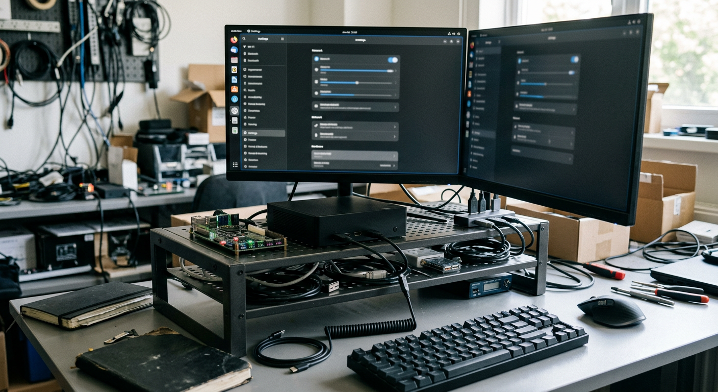 GNOME und Linux im Testaufbau mit mehreren Monitoren