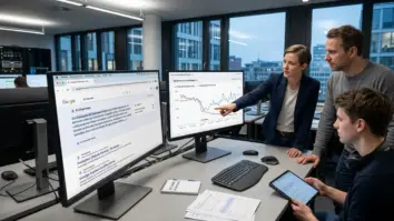 AI Overviews, Google SEO, SEO-Check – Marketing-Team prüft AI Overviews und SEO-Check-Kriterien auf einem Bildschirm