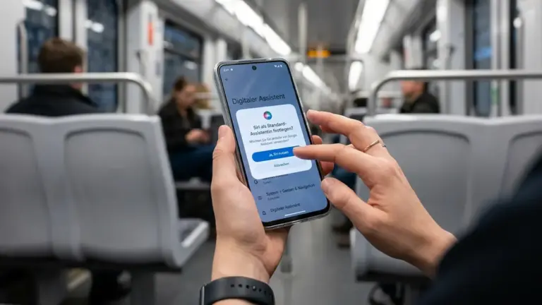 Google Android, KI-Assistenten, EU-Wettbewerbsrecht – Android-Smartphone zeigt Auswahlmenü für konkurrierende KI-Assistenten im Kontext von EU-Wettbewerbsrecht