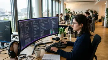 Entwicklerin arbeitet mit Grok 4.5 im Kontextfenster von GitHub Copilot an einem Ultra-Wide-Monitor